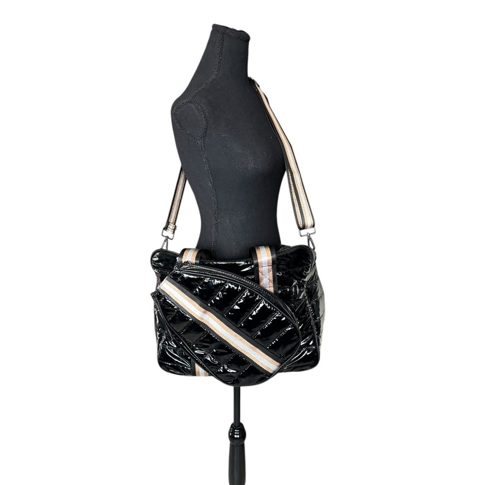 Parker & Hyde Quilted Patent Pickleball Bag Black Metallic Stripe Paddle Tote